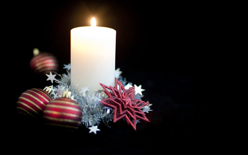 Lit Candle with Ornaments — White, Festive