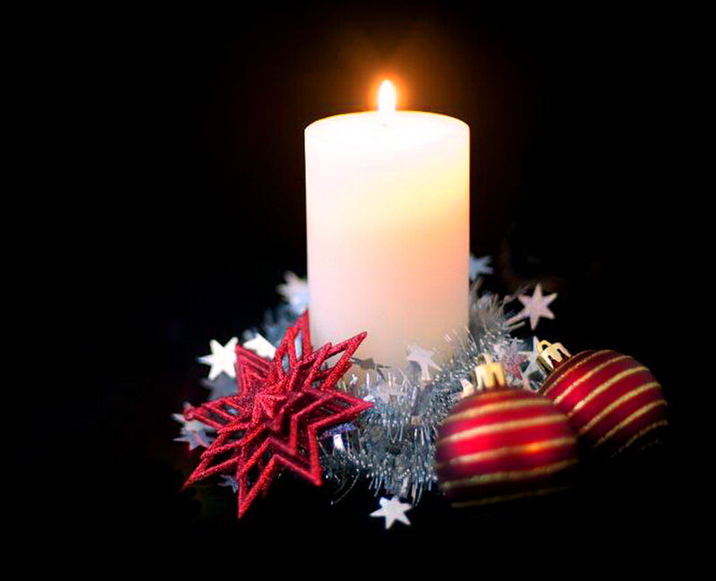 Lit Candle with Ornaments — White