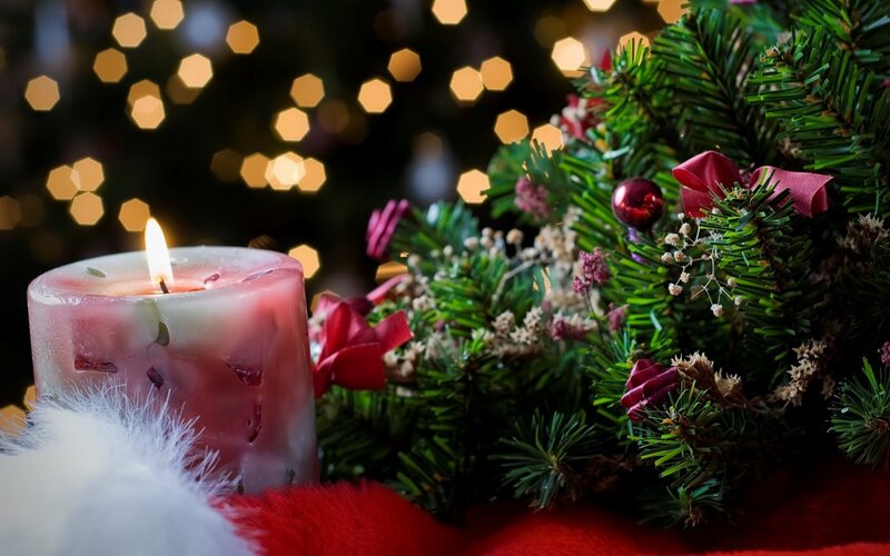 Lit Candle with Pine Branches — Green, Festive