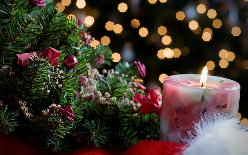 Lit Candle with Pine Branches — Green, Festive, Winter