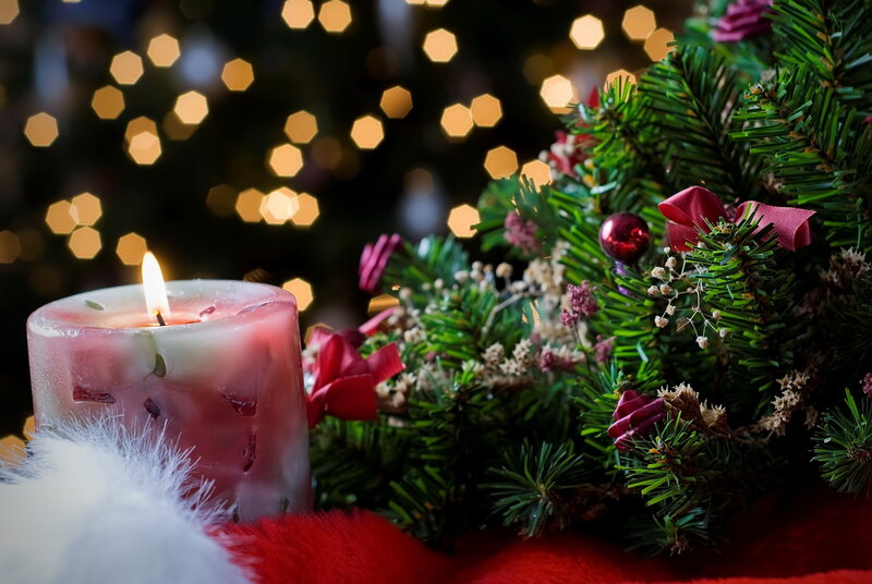 Lit Candle with Pine Branches — Red
