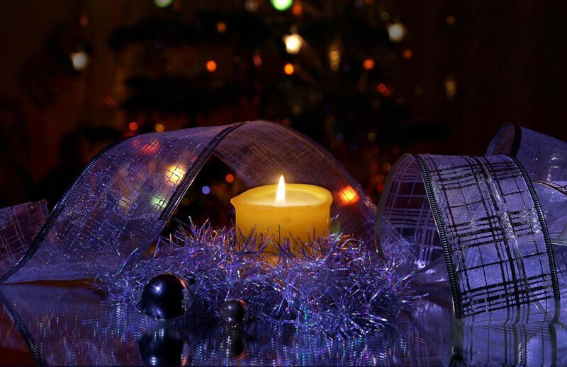 Lit Candle with Ribbon — Purple