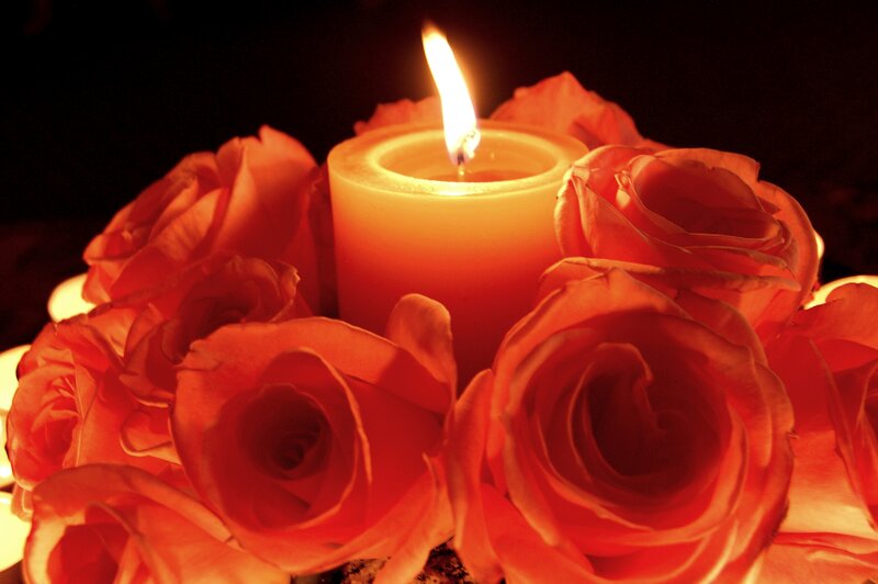 Lit Candle with Roses — Red