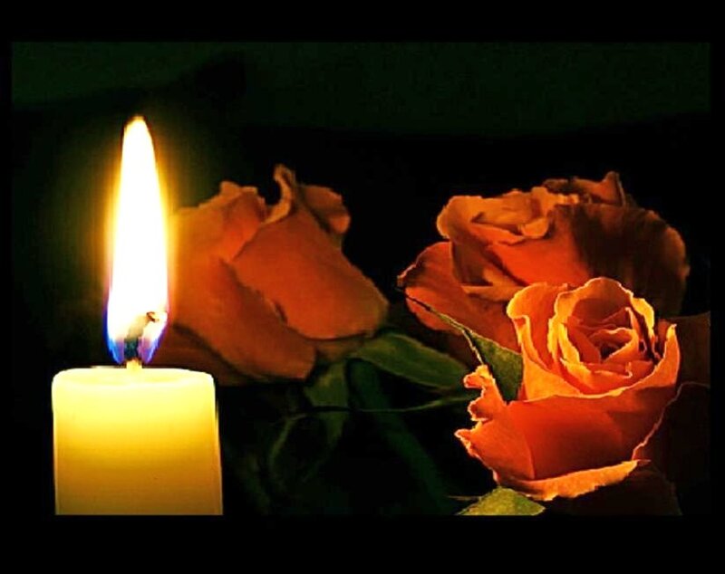 Lit Candle with Roses — Yellow, Somber, Night