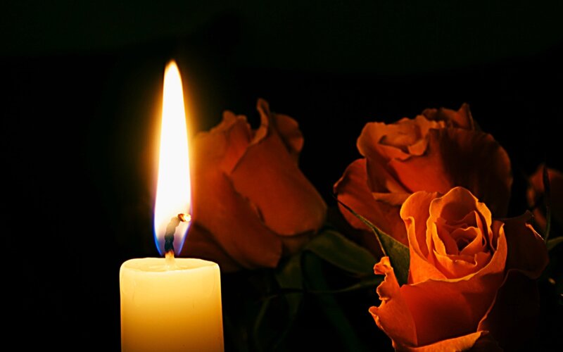 Lit Candle with Roses — Yellow, Somber