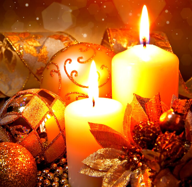Lit Candles and Ornaments — Gold, Festive