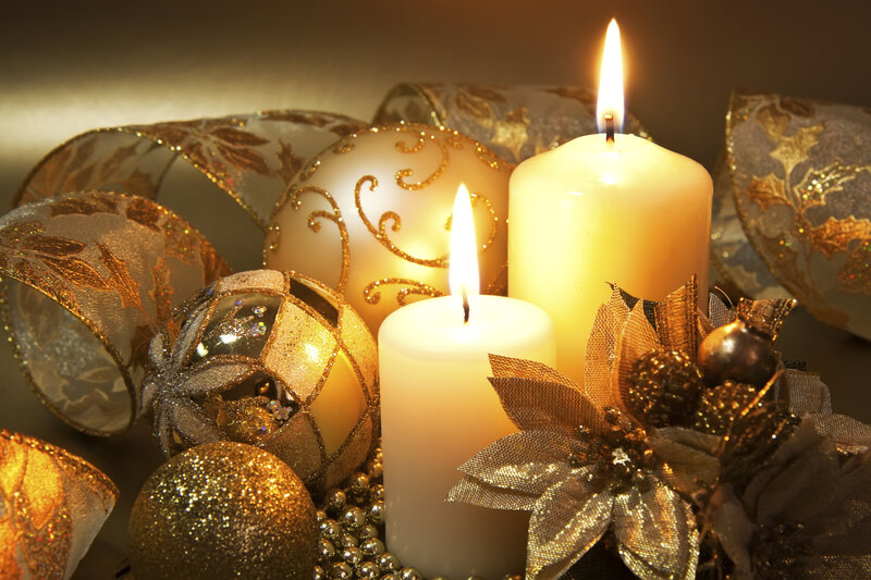 Lit Candles and Ornaments — Gold, Warm, Night