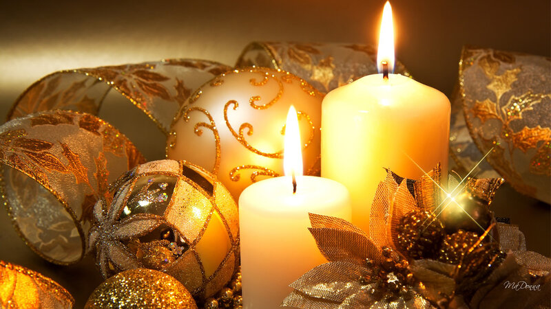 Lit Candles and Ornaments — Gold, Warm