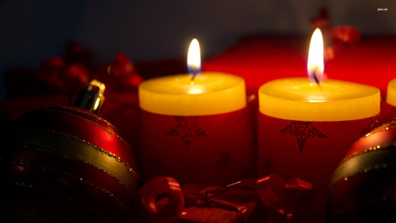 Lit Candles and Ornaments — Red, Festive, Night