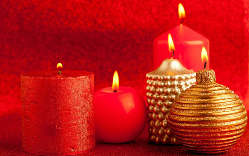 Lit Candles and Ornaments — Red, Festive, Photograph