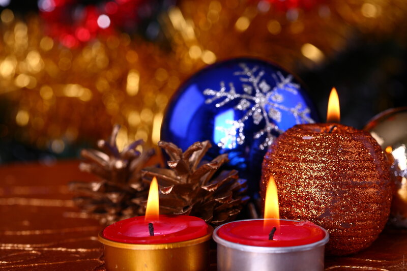 Lit Candles and Ornaments — Red, Festive