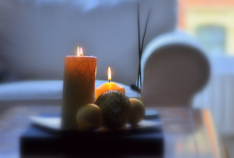 Lit Candles and Ornaments — Yellow, Calm