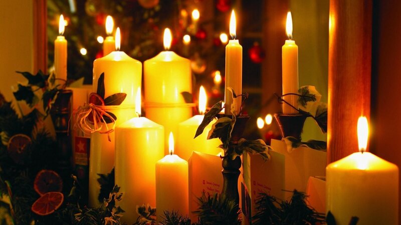 Lit Candles on Table — Yellow, Warm, Night, Photograph