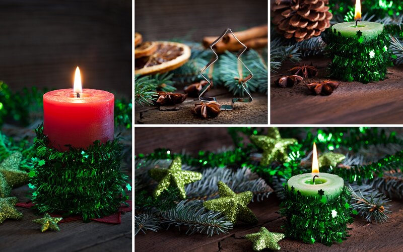 Lit Candles with Holiday Decor