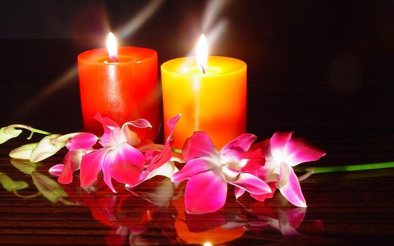 Lit Candles with Orchids — Red, Serene