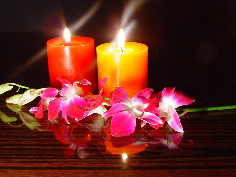 Lit Candles with Orchids — Red