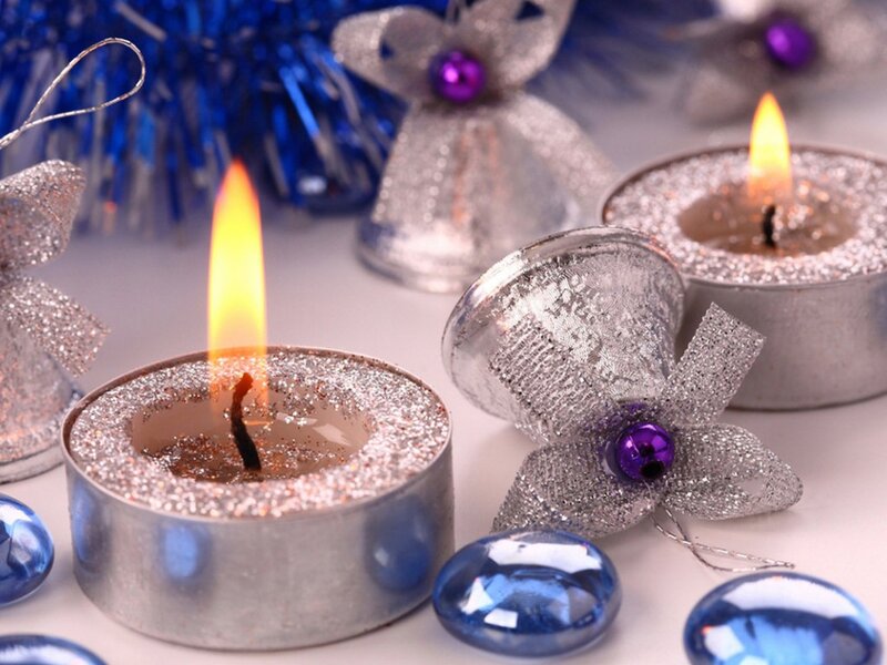 Lit Candles with Ornaments — Silver, Festive