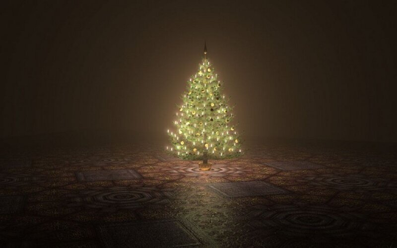 lit christmas tree in dark room