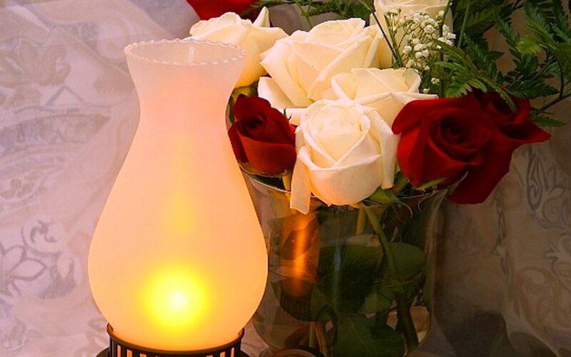 Lit Lamp and Roses