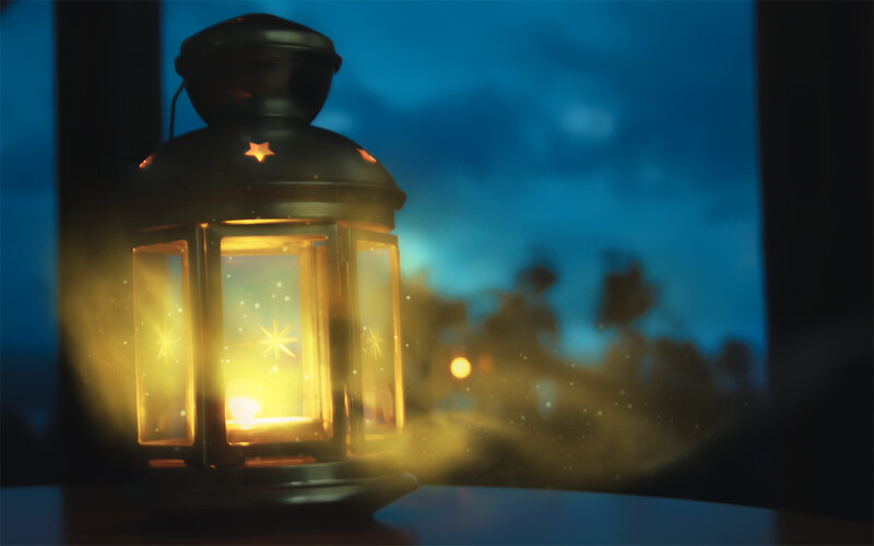Lit Lantern at Night — Blue