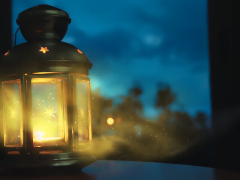 Lit Lantern at Night