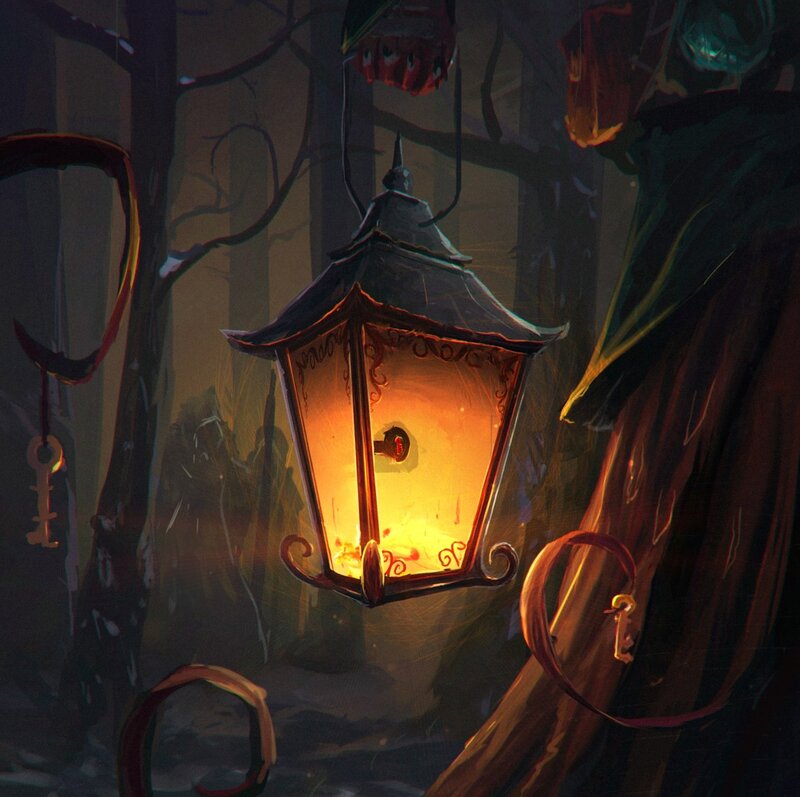 Lit Lantern in Forest — Orange