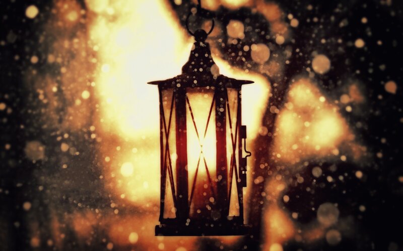 Lit Lantern in Snow — Black, Dramatic