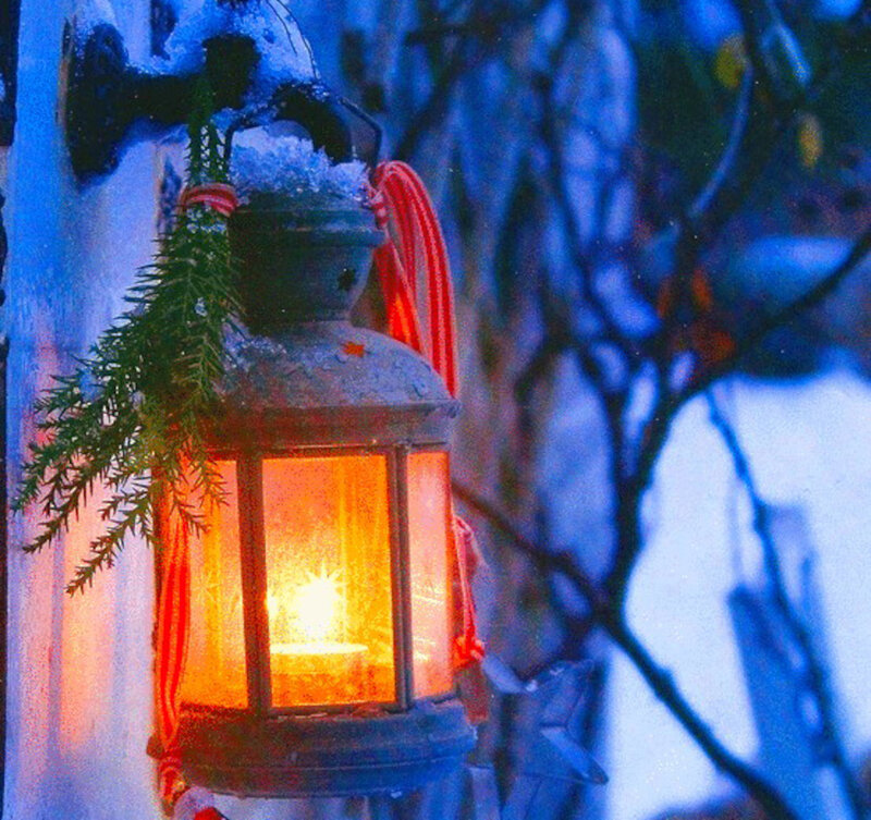 Lit Lantern in Snow — Blue, Cozy