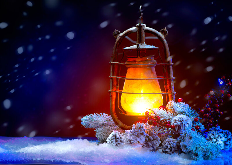 Lit Lantern in Snow — Blue, Dramatic
