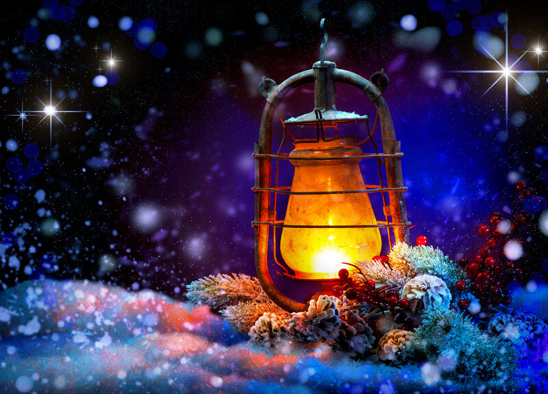 Lit Lantern in Snow — Blue, Festive, Night