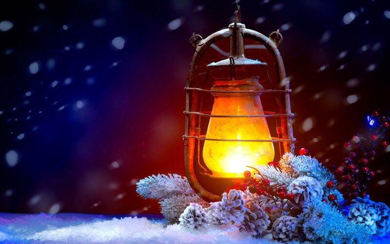 Lit Lantern in Snow — Blue, Festive