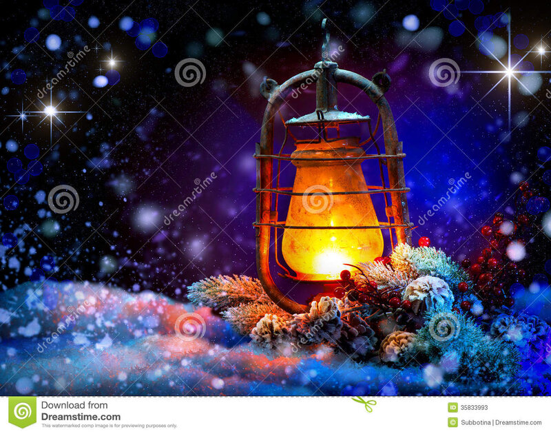 Lit Lantern in Snow — Blue