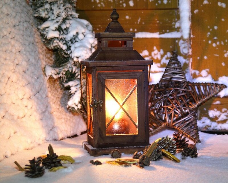 Lit Lantern in Snow — Brown, Cozy