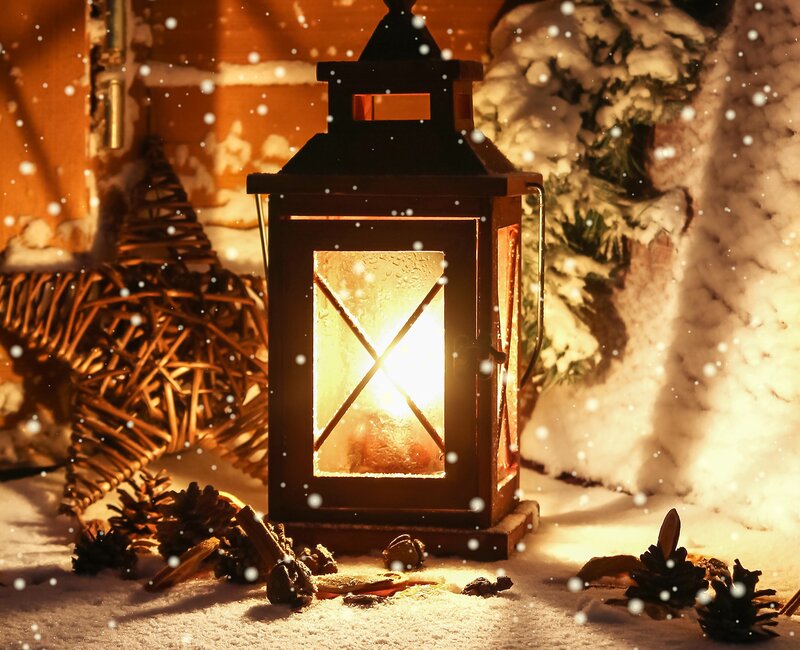 Lit Lantern in Snow — Brown