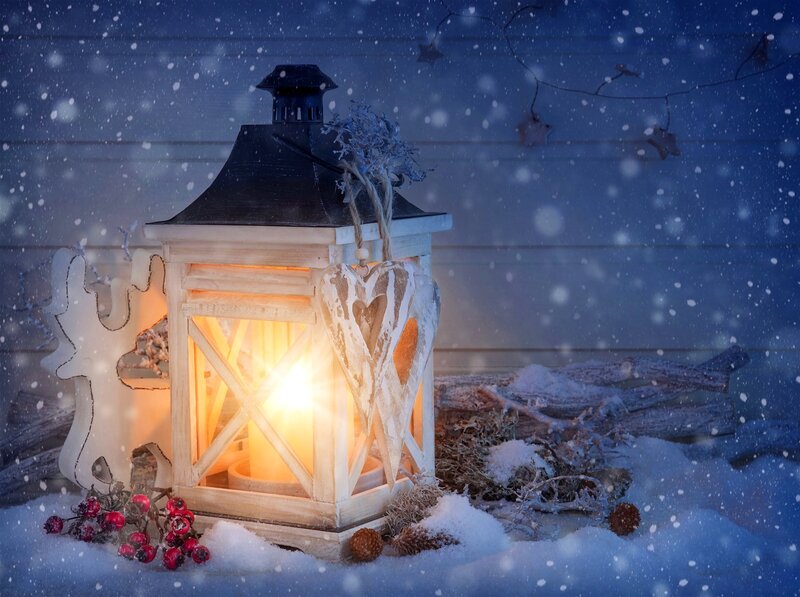 Lit Lantern in Snow — White, Cozy, Night