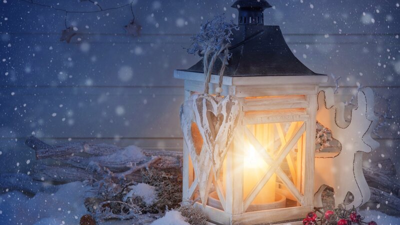 Lit Lantern in Snow — White, Cozy
