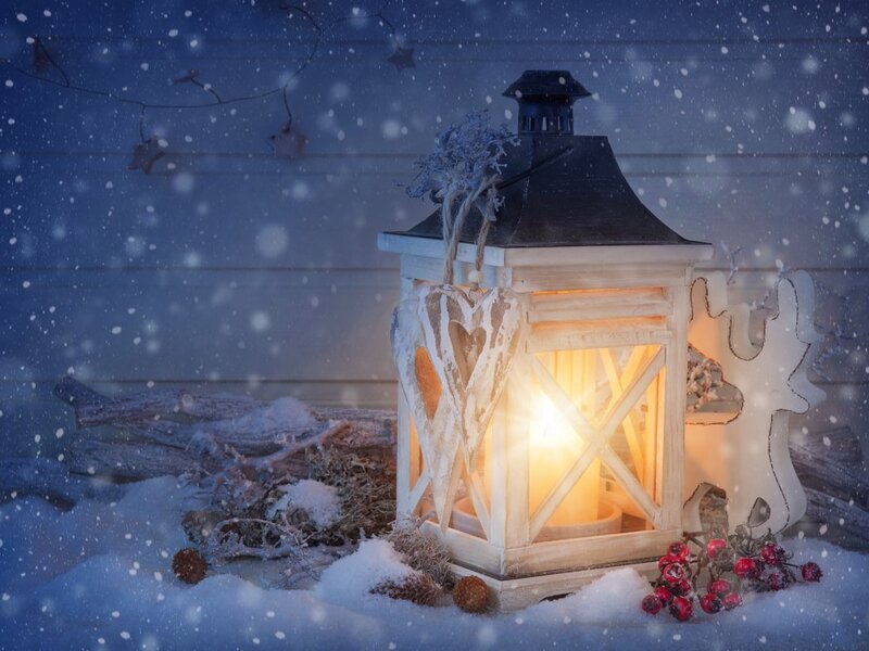 Lit Lantern in Snow — White, Cozy, Winter