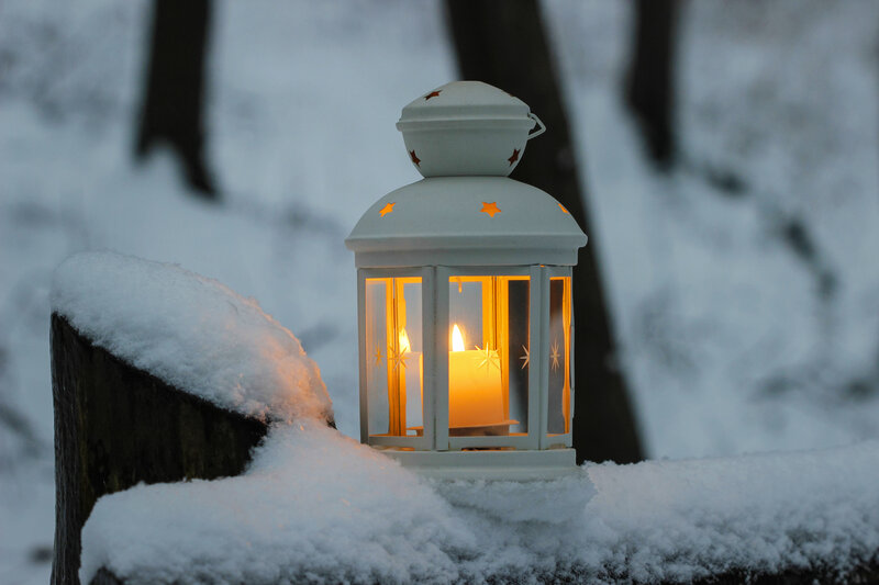 Lit Lantern in Snow — White, Serene