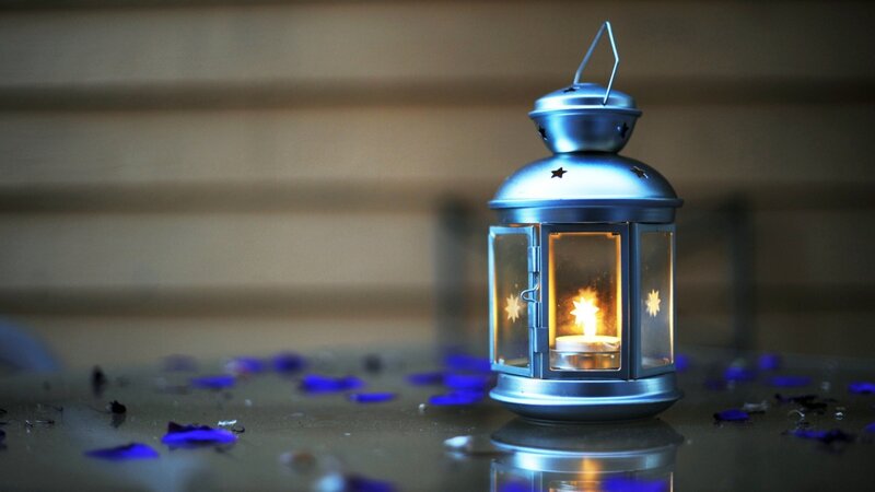 Lit Lantern on Table — Blue, Calm, Night