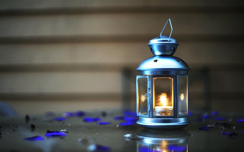 Lit Lantern on Table — Blue, Calm
