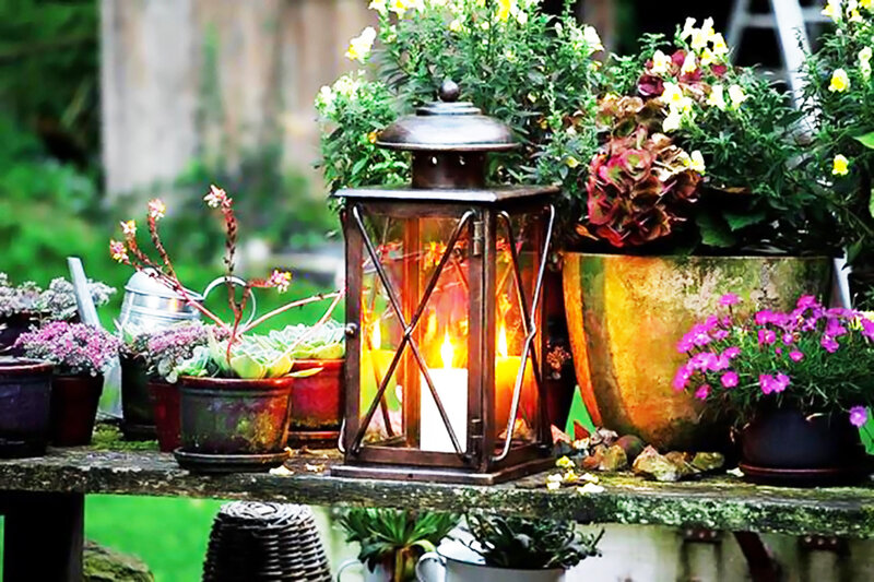 Lit Lantern on Table — Green
