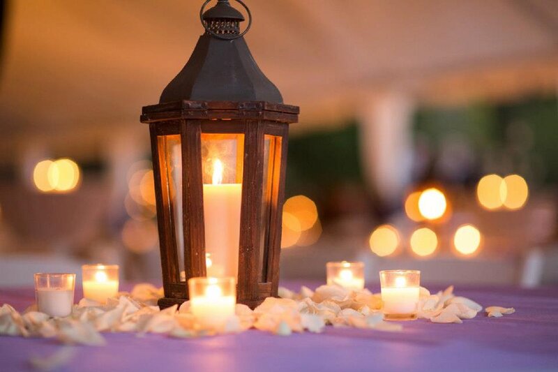 Lit Lantern on Table — Purple