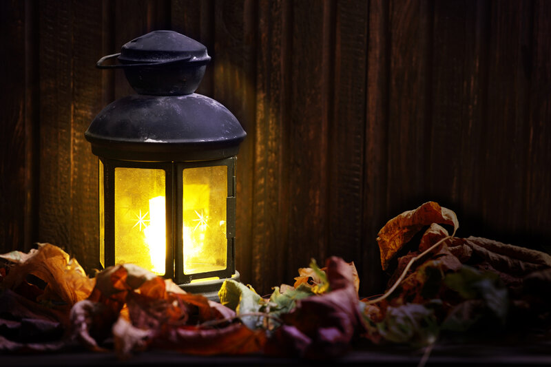 Lit Lantern with Autumn Leaves — Yellow