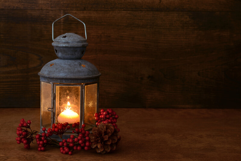 Lit Lantern with Berries — Brown