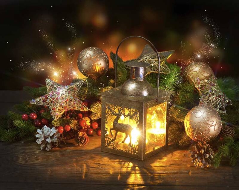 Lit Lantern with Ornaments