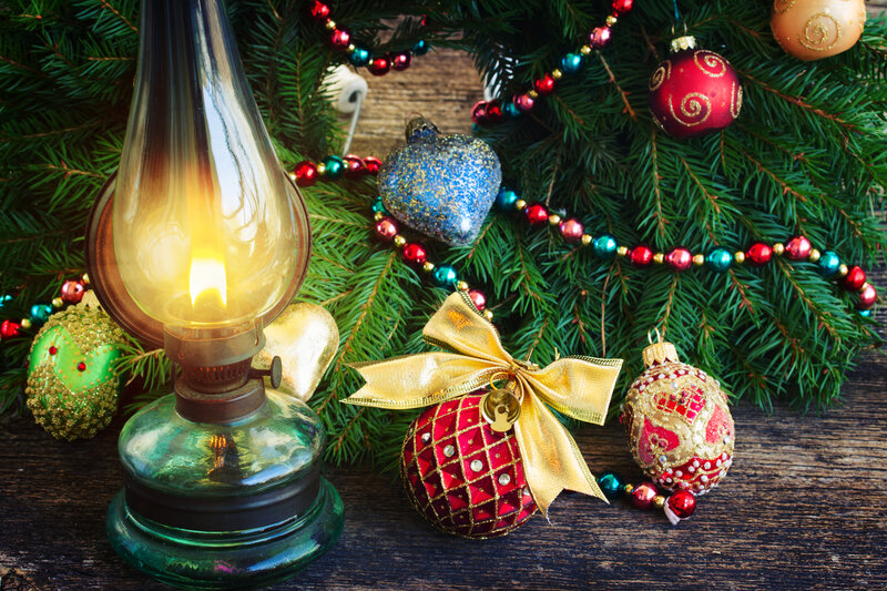 Lit Oil Lamp with Ornaments