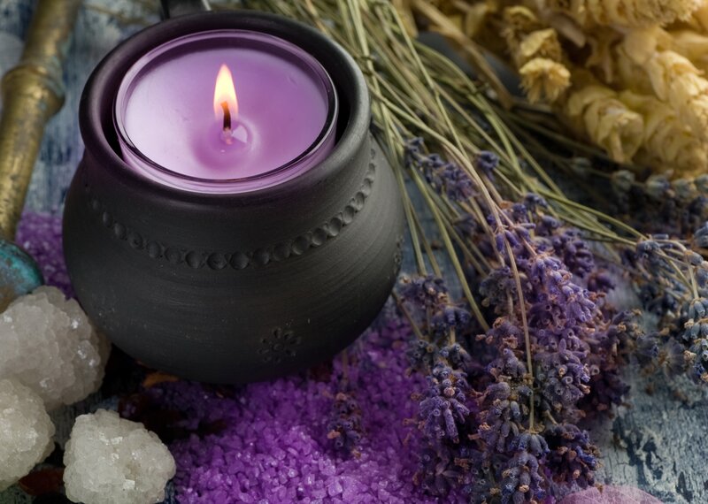 Lit Purple Candle — Calm, Photograph, Lavender, Crystals