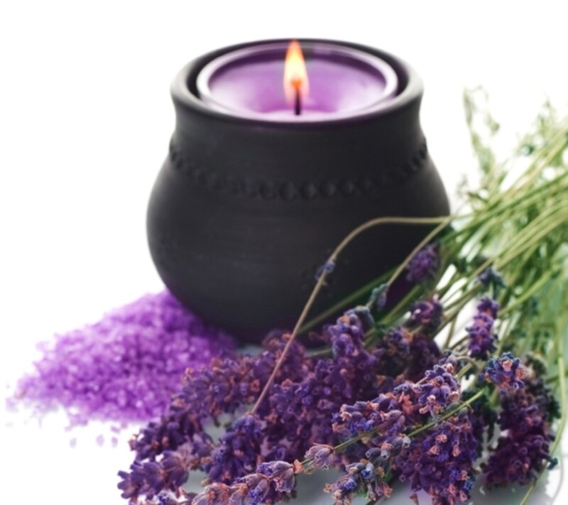 Lit Purple Candle with Lavender
