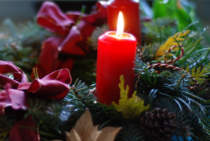 Lit Red Candle in Wreath — Festive, Winter