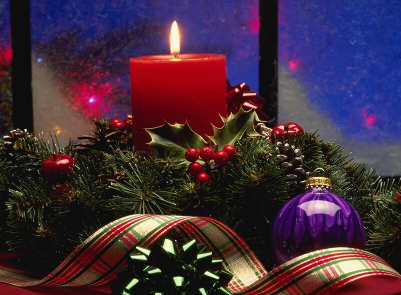 Lit Red Candle on Wreath — Festive